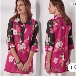 Soft Surroundings Tunic Top Pink Black Floral Cotton 3/4 Sleeves M Cottagecore